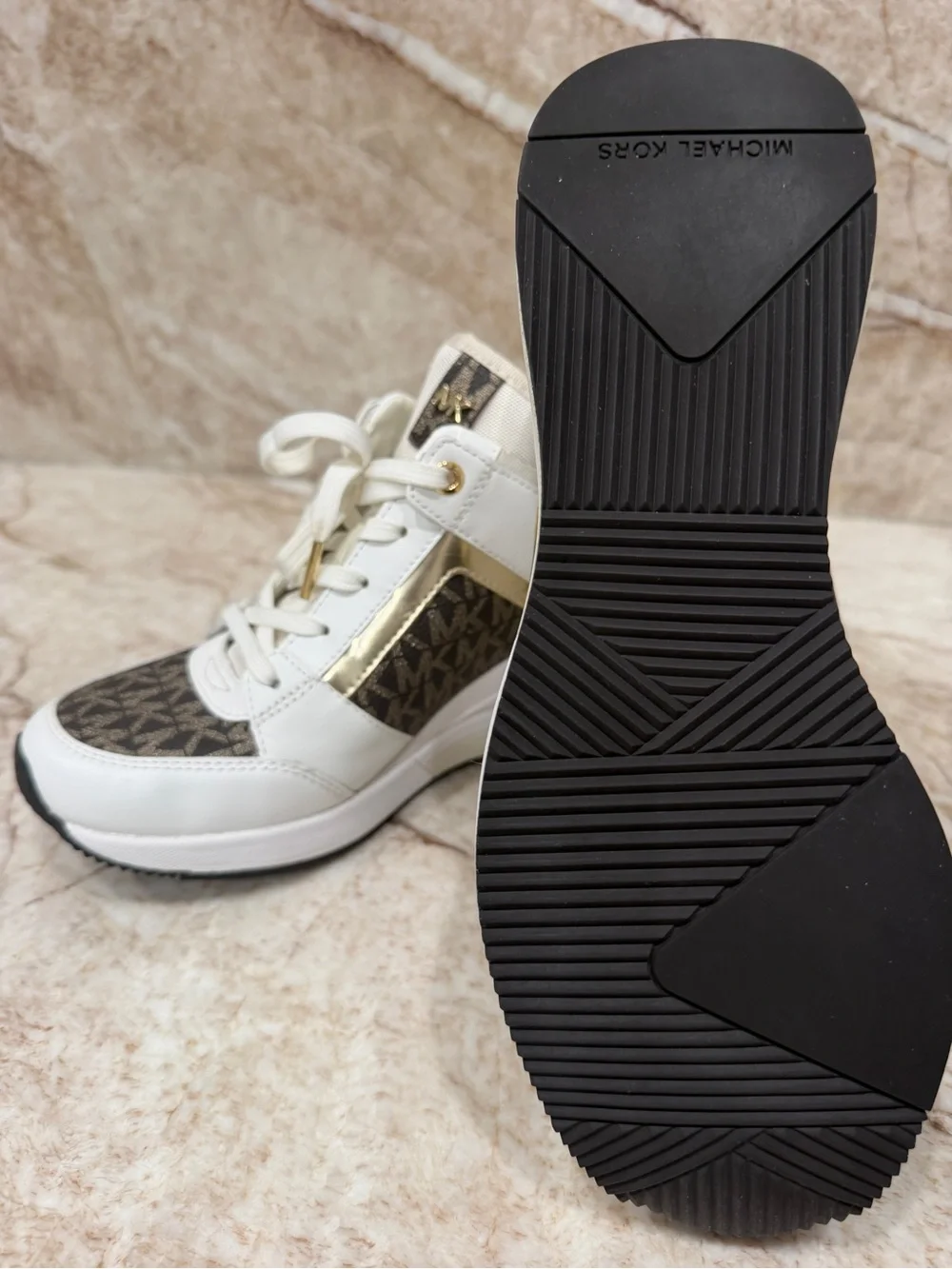 Michael Kors White, Brown & Gold Wedge Sneakers